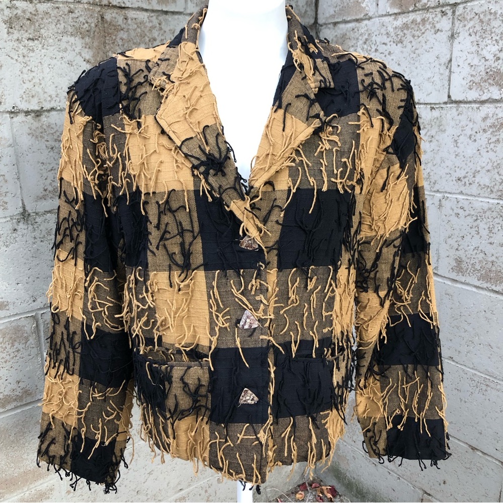 Kindred Spirit Fringed Checkered Hand Woven Shell Button Down